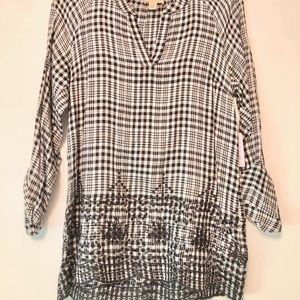 Black White Check Embroidered Trim Tunic